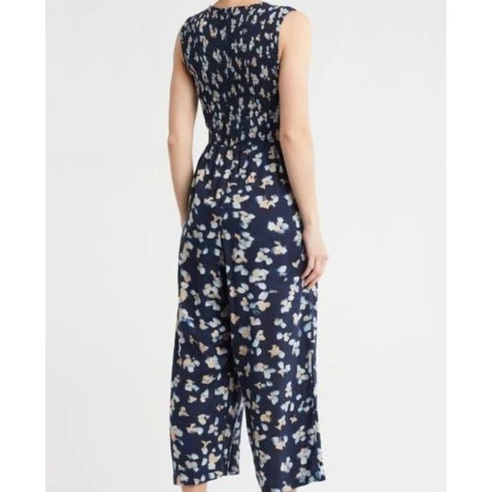 Ditsy Floral Smocked Jumpsuit Indigo Floral Retail $130 NWT